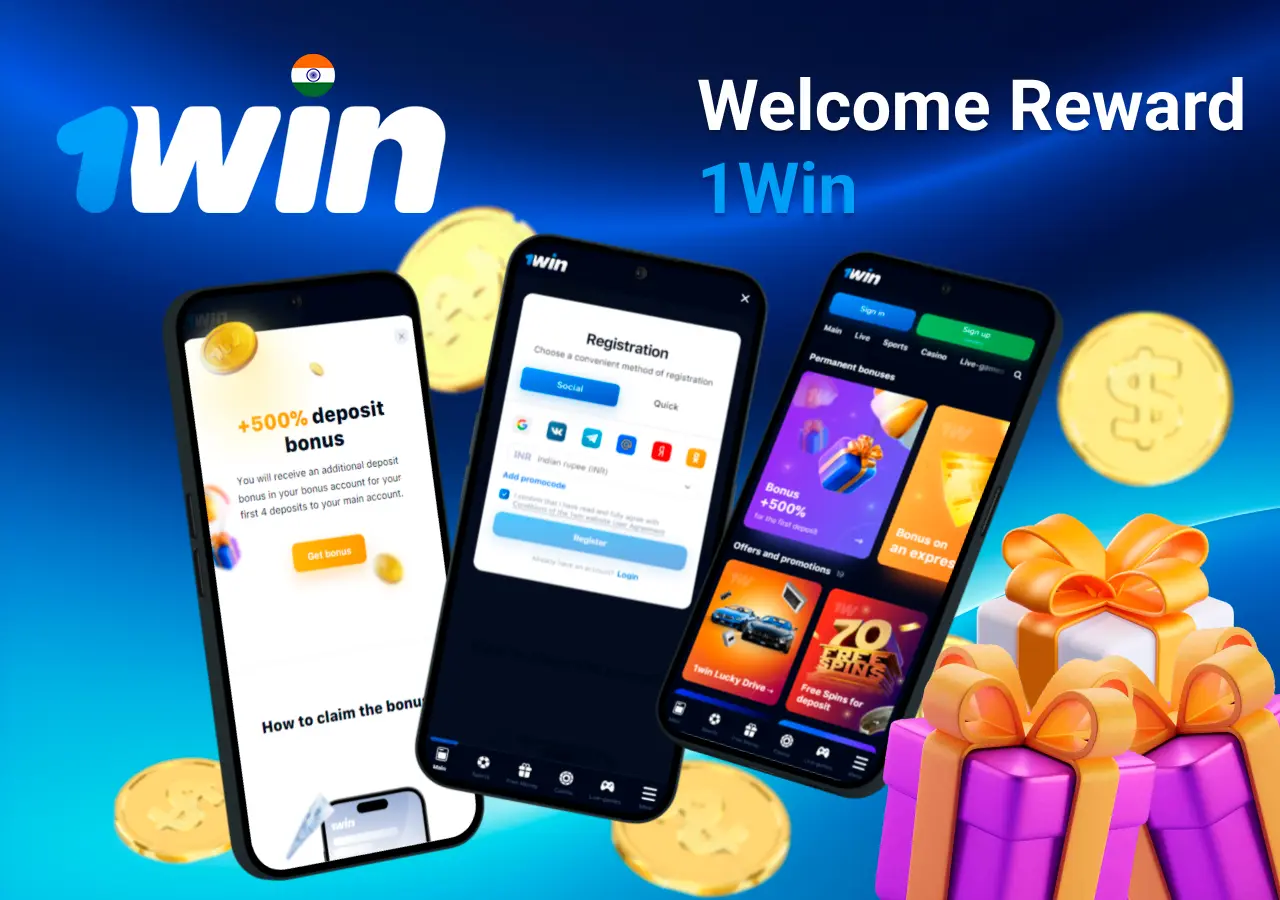 Mobile screens displaying 1Win registration and 500% deposit bonus with gift boxes
