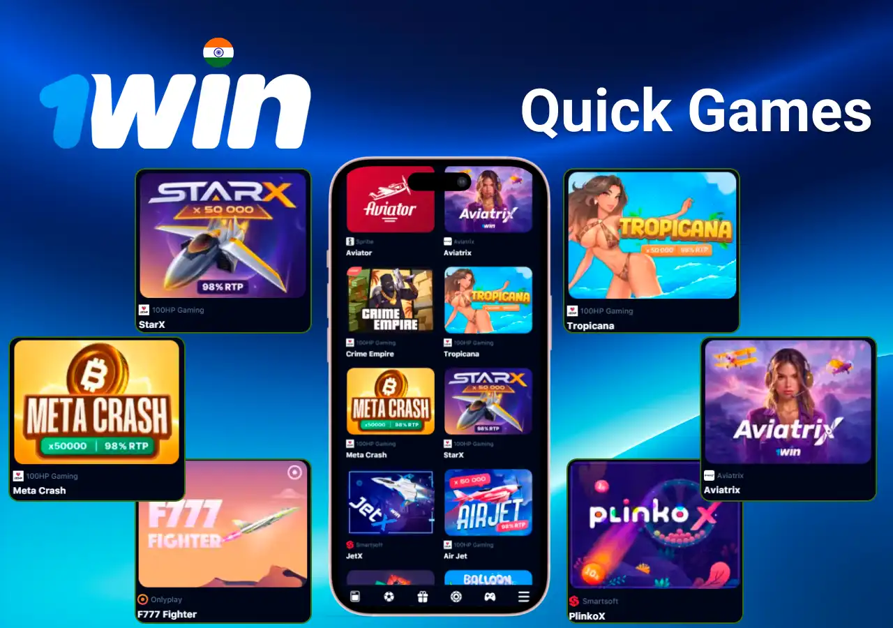 quick games section with titles like StarX, Tropicana, Meta Crash, and PlinkoX highlighted on mobile app