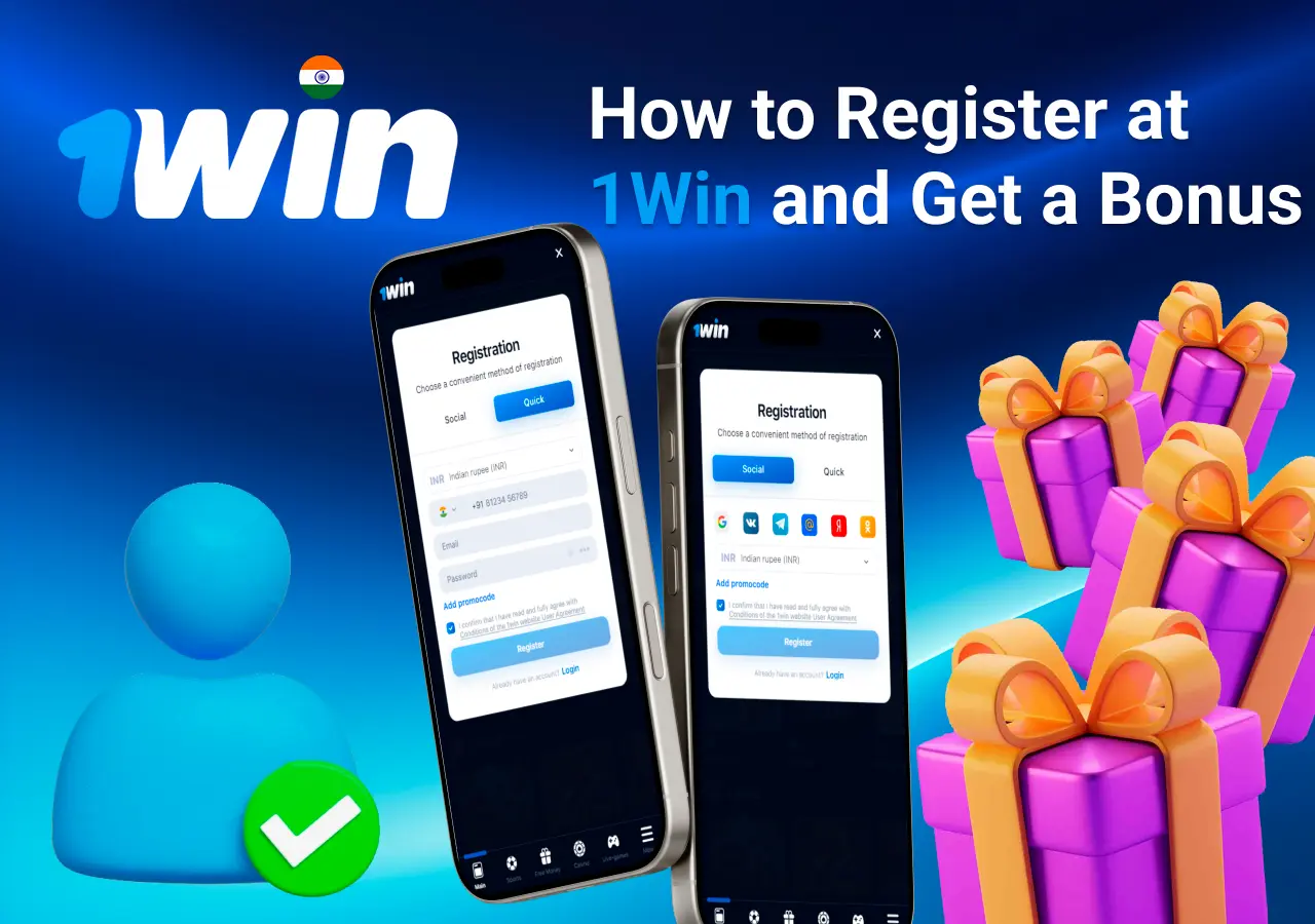 Mobile registration page for 1Win showing bonus offers with purple and gold gift boxes