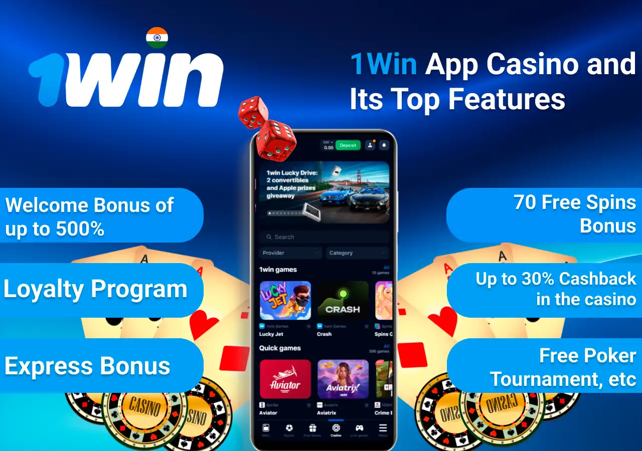 1Win App Casino top features including welcome bonus, loyalty program, and express bonus on mobile interface
