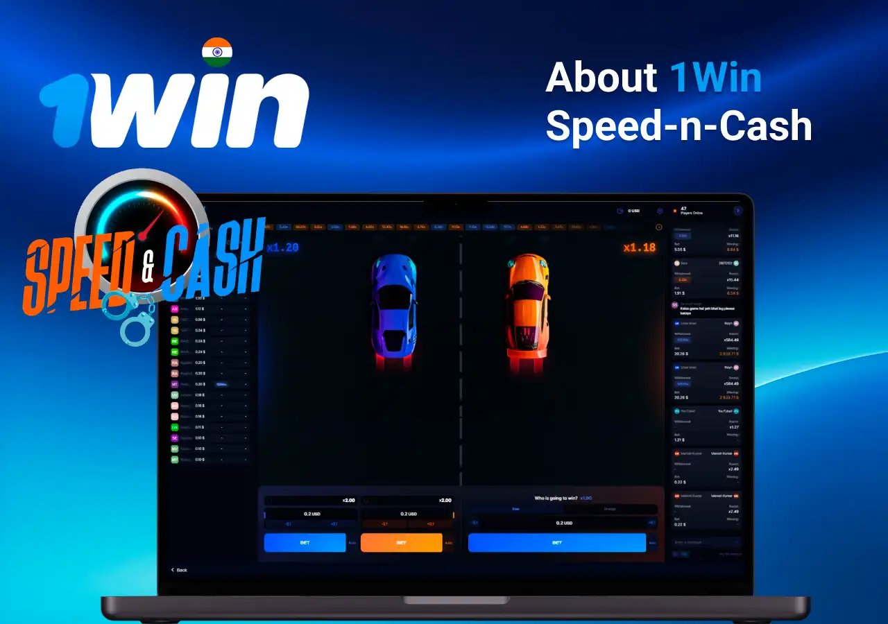 Overview of Speed-n-Cash casino game featuring two racing cars with betting options displayed on a laptop screen