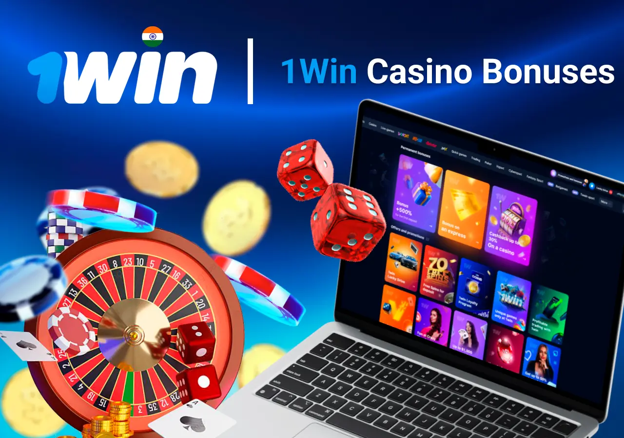 Laptop screen showing various 1Win casino bonuses with roulette, dice, and poker chips