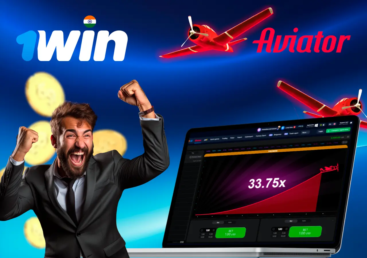 Man celebrating his win in Aviator game with 33.75x multiplier displayed on laptop